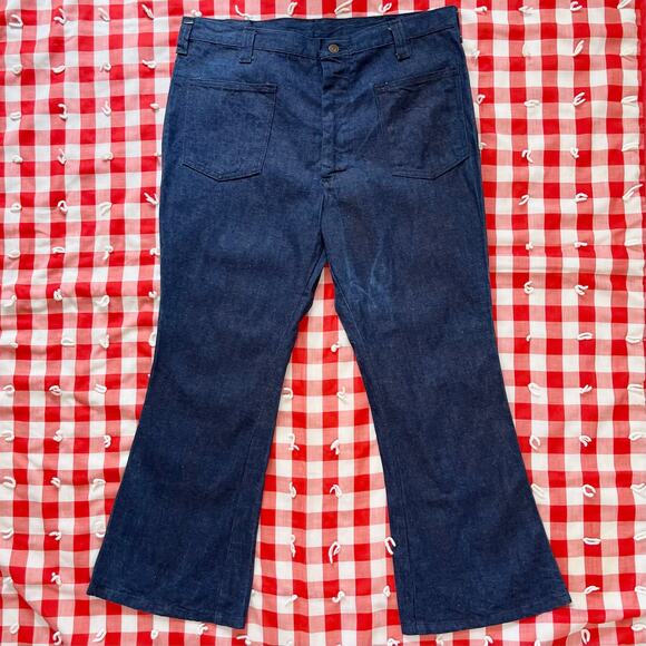 Vintage 70s Mens Sears Dark Wash Denim Flares Jeans‎ // Size 36 Short - Picture 1 of 6